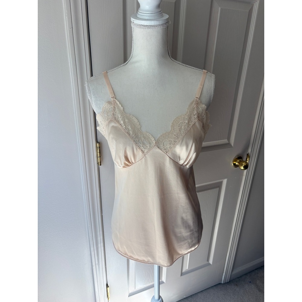 Vintage Merville Lace Trim Camisole Top Beige Antron III Nylon VTG 38 USA Made